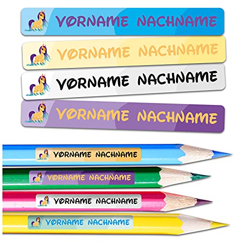 60 x Namensaufkleber Wunschname personalisiert je 4,5x0,6cm Aufkleber mit Kinder Name Beschriftung Schule Kindergarten Stifte Sticker (Nr. 06 Pferd, Für schmale Oberflächen) von Finest Folia