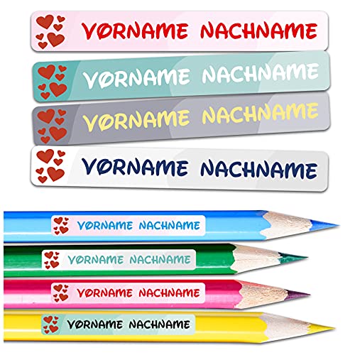 60 x Namensaufkleber Wunschname personalisiert je 4,5x0,6cm Aufkleber mit Kinder Name Beschriftung Schule Kindergarten Stifte Sticker (Nr. 23 Herz, Für schmale Oberflächen) von Finest Folia