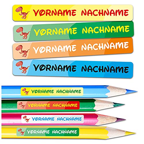60 x Namensaufkleber Wunschname personalisiert je 4,5x0,6cm Aufkleber mit Kinder Name Beschriftung Schule Kindergarten Stifte Sticker (Nr. 27 Dino, Für schmale Oberflächen) von Finest Folia