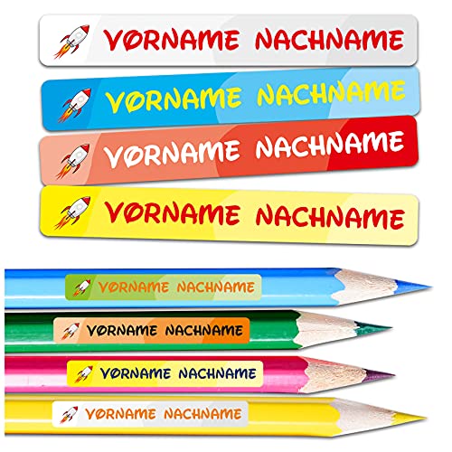 60 x Namensaufkleber Wunschname personalisiert je 4,5x0,6cm Aufkleber mit Kinder Name Beschriftung Schule Kindergarten Stifte Sticker (Nr. 28 Rakete, Für schmale Oberflächen) von Finest Folia