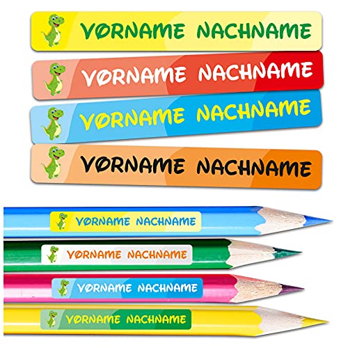 60 x Namensaufkleber Wunschname personalisiert je 4,5x0,6cm Aufkleber mit Kinder Name Beschriftung Schule Kindergarten Stifte Sticker (Nr. 32 Dino, Für schmale Oberflächen) von Finest Folia
