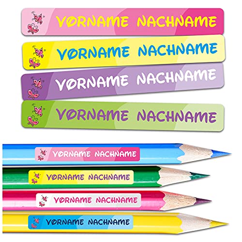 60 x Namensaufkleber Wunschname personalisiert je 4,5x0,6cm Aufkleber mit Kinder Name Beschriftung Schule Kindergarten Stifte Sticker (Nr. 33 Schmetterling, Für schmale Oberflächen) von Finest Folia