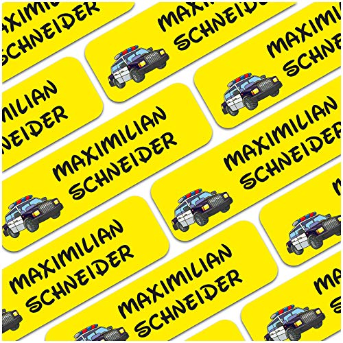 80 x Namensaufkleber Wunschname personalisiert je 3,5x1cm Aufkleber mit Kinder Name Beschriftung Schule Kindergarten Kleidung Sticker (Nr. 08 Polizeiauto, Für Textilien) von Finest Folia