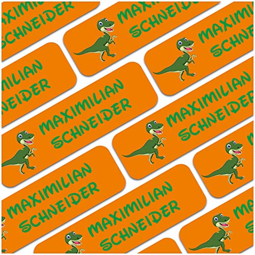 80 x Namensaufkleber Wunschname personalisiert je 3,5x1cm Aufkleber mit Kinder Name Beschriftung Schule Kindergarten Kleidung Sticker (Nr. 18 Dino, Für Textilien) von Finest Folia