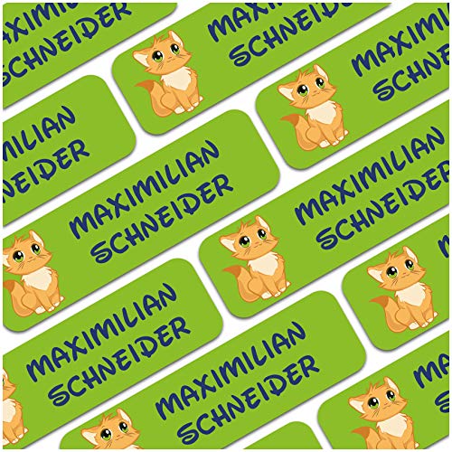 80 x Namensaufkleber Wunschname personalisiert je 3,5x1cm Aufkleber mit Kinder Name Beschriftung Schule Kindergarten Kleidung Sticker (Nr. 21 Katze, Für feste Oberflächen) von Finest Folia
