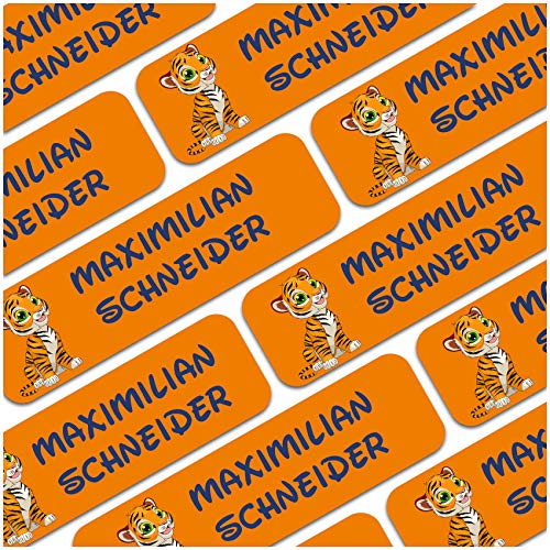 80 x Namensaufkleber Wunschname personalisiert je 3,5x1cm Aufkleber mit Kinder Name Beschriftung Schule Kindergarten Kleidung Sticker (Nr. 22 Tiger, Für Textilien) von Finest Folia