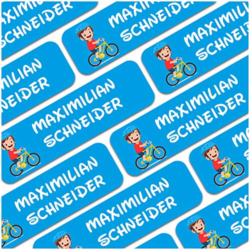 80 x Namensaufkleber Wunschname personalisiert je 3,5x1cm Aufkleber mit Kinder Name Beschriftung Schule Kindergarten Kleidung Sticker (Nr. 25 Fahrrad, Für Textilien) von Finest Folia