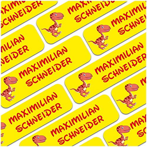 80 x Namensaufkleber Wunschname personalisiert je 3,5x1cm Aufkleber mit Kinder Name Beschriftung Schule Kindergarten Kleidung Sticker (Nr. 27 Dino, Für Textilien) von Finest Folia