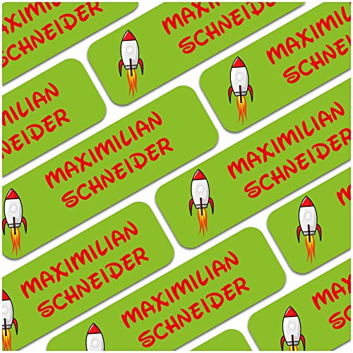 80 x Namensaufkleber Wunschname personalisiert je 3,5x1cm Aufkleber mit Kinder Name Beschriftung Schule Kindergarten Kleidung Sticker (Nr. 28 Rakete, Für feste Oberflächen) von Finest Folia