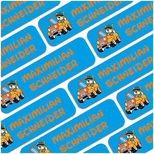 80 x Namensaufkleber Wunschname personalisiert je 3,5x1cm Aufkleber mit Kinder Name Beschriftung Schule Kindergarten Kleidung Sticker (Nr. 34 Auto, Für feste Oberflächen) von Finest Folia