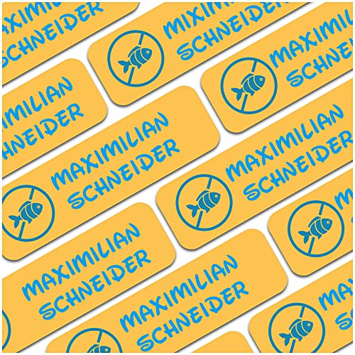 80 x Namensaufkleber Wunschname personalisiert je 3,5x1cm Aufkleber mit Kinder Name Beschriftung Schule Kindergarten Kleidung Sticker (Nr. 46 Fisch Allergie, Für feste Oberflächen) von Finest Folia