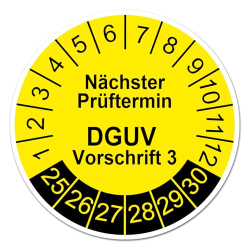 Finest Folia Prüfplaketten Set DGUV Vorschrift 3 Nächster Prüftermin 2025-2030 Prüftetiketten je 30x30mm gelb Ø3cm Prüfaufkleber Plaketten selbstklebend wasserfest R230 (50) von Finest Folia