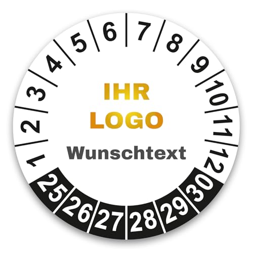 Finest Folia Prüfplaketten Set personalisierbar mit Logo und Wunschtext Prüfetiketten 30mm Ø selbstklebend personalisierte Prüfaufkleber mit Firmenlogo von Finest Folia