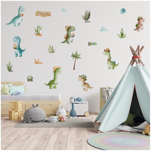 Wandsticker personalisiert Sticker Aquarell Tiere mit Name Wandtattoo für Kinderzimmer Babyzimmer Spielzimmer Mädchen Junge Y037 (Nr. 9 Dinos, Ohne Wunschname) von Finest Folia