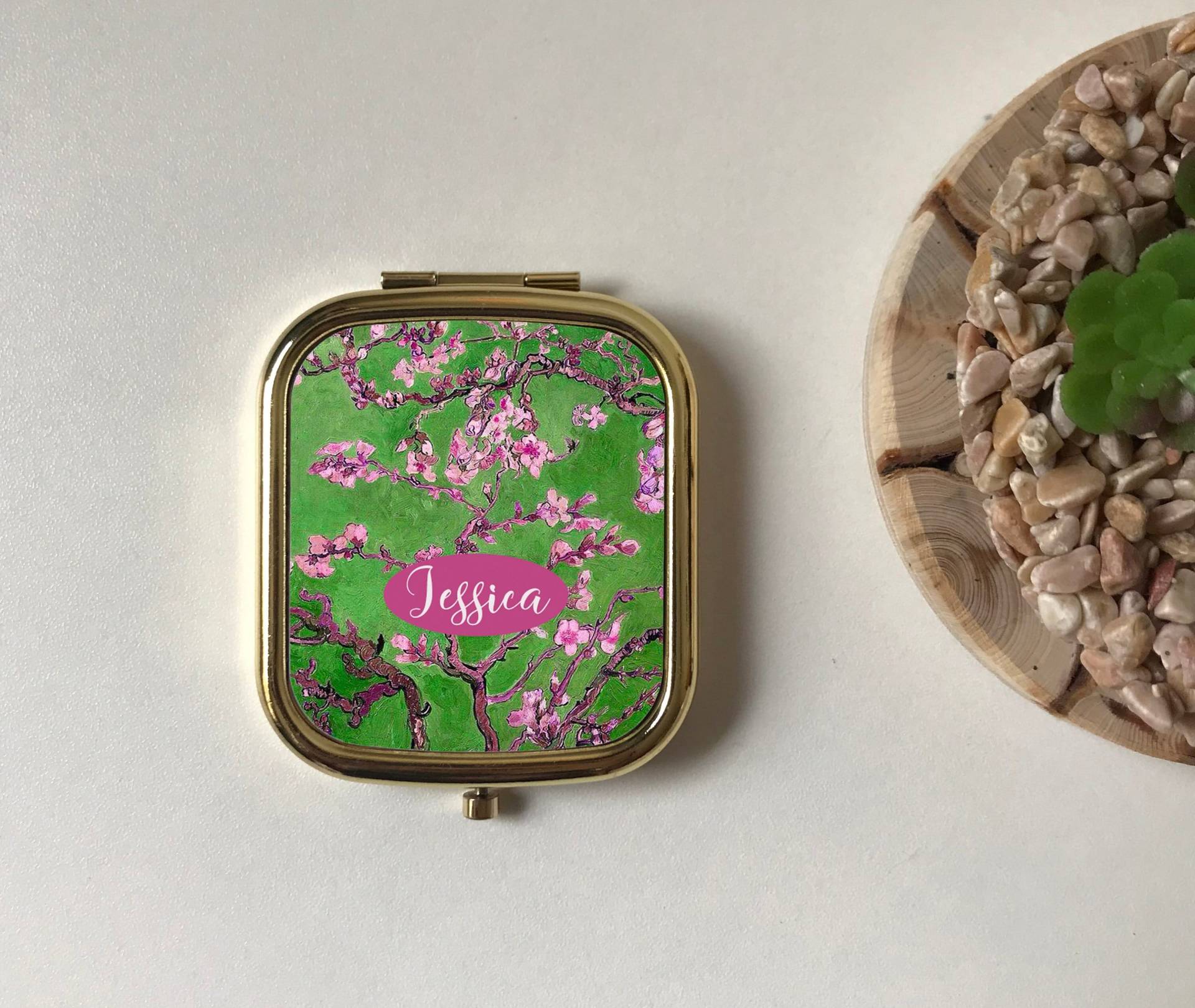 Mandelblüte Personalisierter Kompakter Spiegel, Van Gogh Silber Taschenspiegel, Andenken Freund, Grün Rosa Weiß Floral, Rose Gold Schminkspiegel von FinestGiftDesigns
