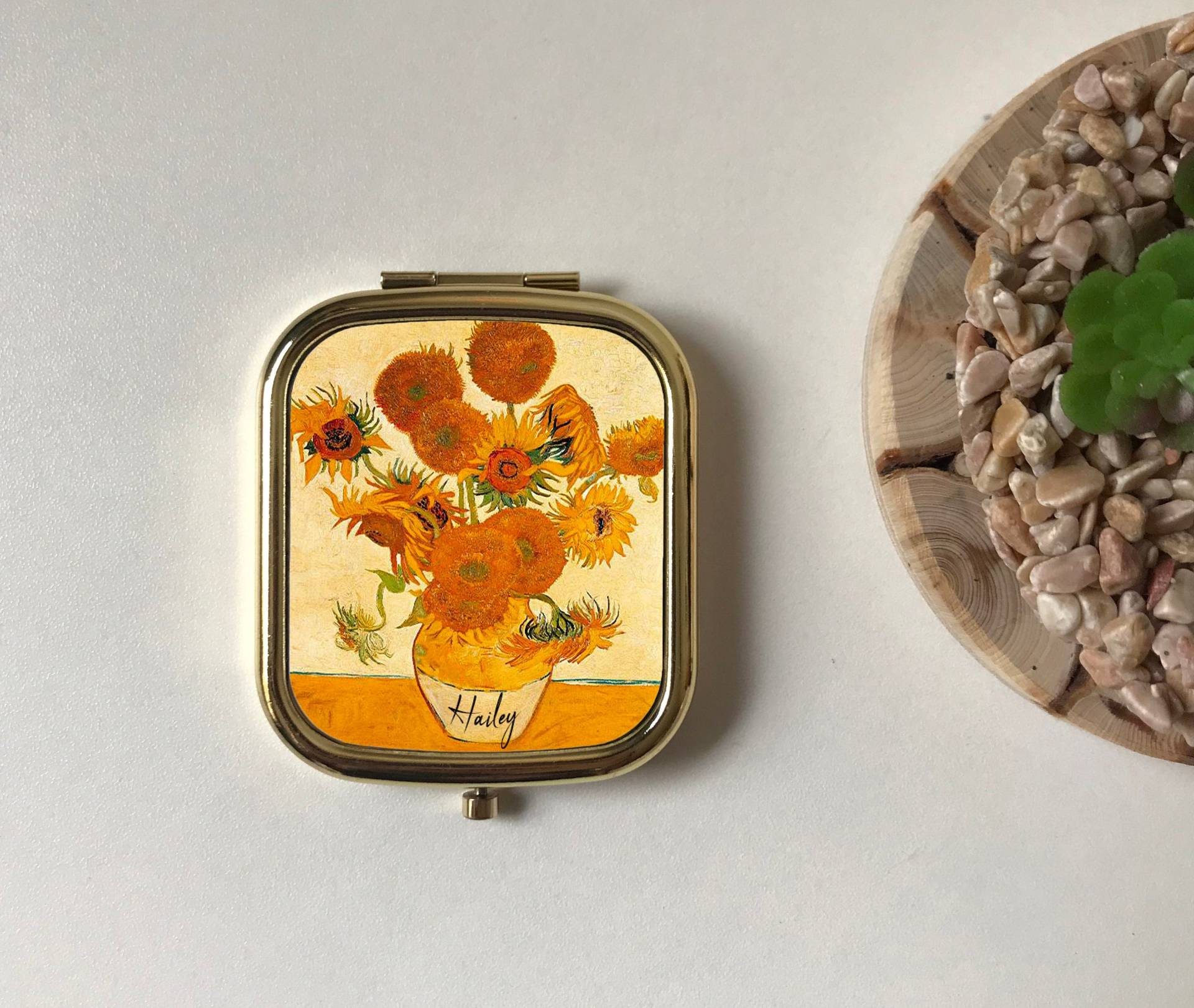 Van Gogh Sonnenblumen Senf Gelb Grün Personalisierter Kompakter Spiegel, Rechteck Taschenspiegel, Andenken Geschenk Freund, Blumen, Rose Gold, Silber von FinestGiftDesigns
