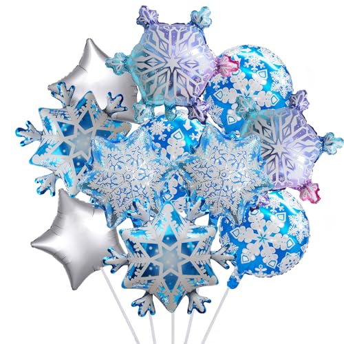 11 x Schneeflocken-Folienballons, Prinzessinnen-Geburtstagsparty, Winter-Themenballons, glänzende Stern-Aluminium-Luftballons, Winter-Heim-Party-Dekoration von Finypa