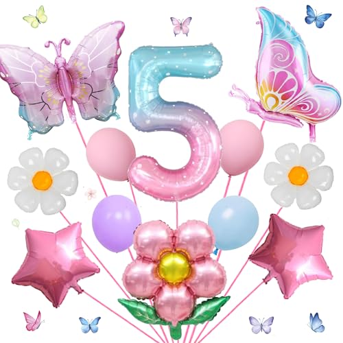 17-teiliges digitales Schmetterlingsballon-Set für Mädchen, bunt, Farbverlauf, rosa Schmetterling, Folienballon, riesige Zahl 10, Blume, Party-Dekorationen von Finypa