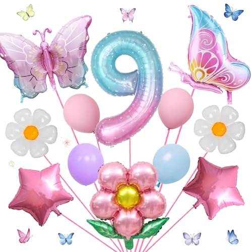 17-teiliges digitales Schmetterlingsballon-Set für Mädchen, bunt, Farbverlauf, rosa Schmetterling, Folienballon, riesige Zahl 10, Blume, Party-Dekorationen von Finypa
