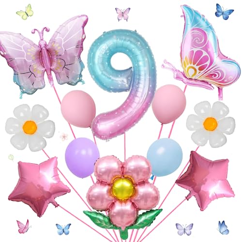 17-teiliges digitales Schmetterlingsballon-Set für Mädchen, bunt, Farbverlauf, rosa Schmetterling, Folienballon, riesige Zahl 9, Blume, Party-Dekorationen 17-teiliges digitales Schmetterlingsballon-Set für Mädchen, bunt, Farbverlauf, rosa Schmetterling, Folienballon, riesige Zahl 9, Blume, Party-Dekorationen von Finypa