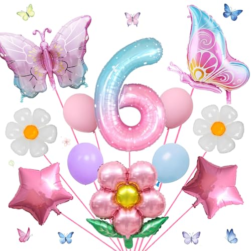 17-teiliges digitales Schmetterlingsballon-Set zum 6. Geburtstag für Mädchen, bunt, Farbverlauf, rosa Schmetterling, Folienballon, riesige Zahl 6, Mylar-Ballon, Blumen-Partyzubehör von Finypa