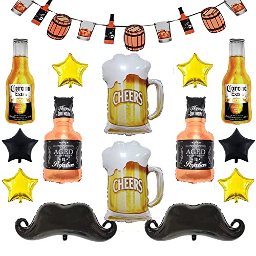 24 x Bier-Mylar-Helium-Ballons, Corona, Whiskey-Flasche, Bierkrug, goldener Ballon, Bart-Folienballons für Geburtstag, Gurtband, Bier-Motto-Party-Dekoration, Zubehör für Whiskey-Themenpartys 24 x Bier-Mylar-Helium-Ballons, Corona, Whiskey-Flasche, Bierkrug, goldener Ballon, Bart-Folienballons für Geburtstag, Gurtband, Bier-Motto-Party-Dekoration, Zubehör für Whiskey-Themenpartys von Finypa