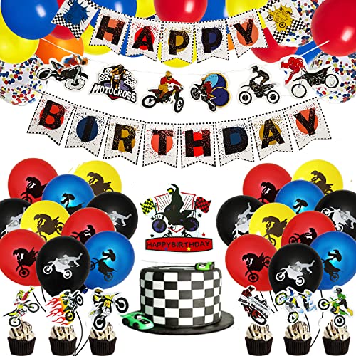 57-teiliges Motocross-Geburtstagsparty-Zubehör, Dirtbike-Dekorationen, Banner, Cupcake-Topper, Latex-Luftballon-Set für Dirtbike, Extremsport, Rennen, Geburtstag, Gastgeschenk für Kinder, Motocross von Finypa