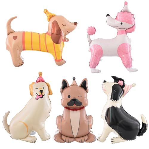 5pcs Tier Hund Ballons 4D Stehende Schäferhund Labrador Bulldogge Dachshund Pudel Doggy Folie Ballon Welpe Geburtstag Party Dekorationen Haustier Party Supplies von Finypa