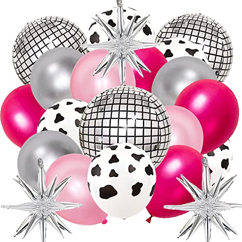 63 Stück Kuh-Druck Ballon Disco Ball Luftballons Western Cowgirl Party Runde Disco Ballons 4D Metallic Spiegel Folienballons Explosion Stern für Cowgirl Thema Party Dekorationen von Finypa