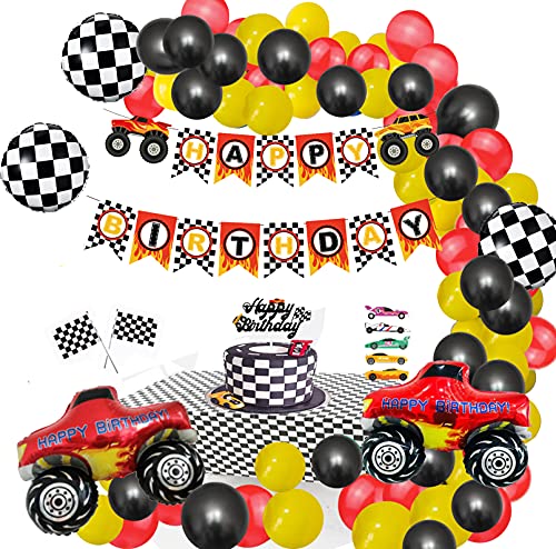 Rennwagen Geburtstag Party Deko Geburtstagsfeier Dekorationen Zwei schnelle Rennwagen Geburtstagsfeier liefert Monster Truck Ballons Alles Gute zum Geburtstag Banner Cake Topper von Finypa