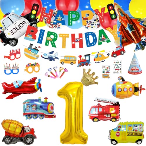 Auto-Partyzubehör, Transport-Geburtstagsparty-Dekorationen für 1, 2, 3 Jahre alte Kinder, Papierhut, Brille, tolles Transportbanner, Schulbus, Zug, Feuerwehrauto, U-Boot-Flugzeug-Spielzeug (Gold 1. Auto-Partyzubehör, Transport-Geburtstagsparty-Dekorationen für 1, 2, 3 Jahre alte Kinder, Papierhut, Brille, tolles Transportbanner, Schulbus, Zug, Feuerwehrauto, U-Boot-Flugzeug-Spielzeug (Gold 1. von Finypa