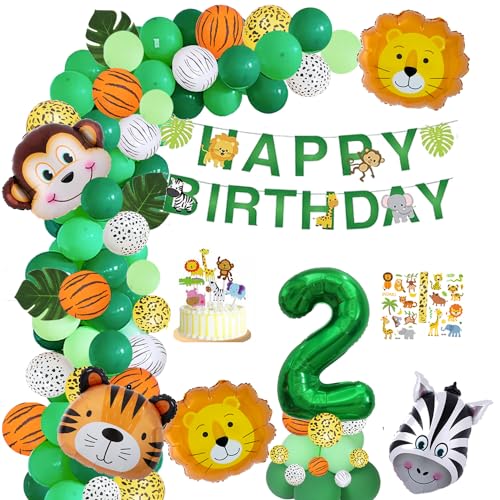 Ballonbogen-Set mit Dschungel-Thema für 2 Jahre altes Baby Junge Mädchen, grüne Happy Birthday Banner Luftballons Girlande, Safari-Dekorationen, 105 Stück Wild Jungle Thema Party Supply Tier Ballon von Finypa