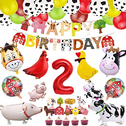 Bauernhof 2. Bauernhof Tier Partydekorationen Scheunenhof Folienballons, Dekoration für Jungen und Mädchen Set, Girlande Ballon, Happy Birthday Banner Cupcake Topper(Entenhuhn Kuh Schaf Schwein Esel) von Finypa