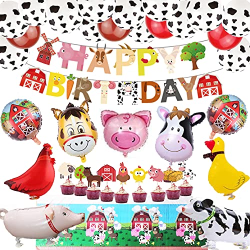 Finypa Bauernhof Tier Partydekorationen Scheunenhof Folienballons und Cupcake Topper Tischtuch (Entenhuhn Kuh Schaf Schwein Esel) Geburtstag Spielzeuge Party Luftballons Dekoration Mädchen Junge von Finypa