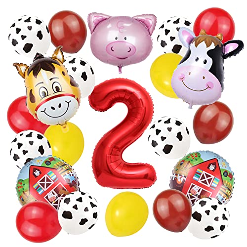 Bauernhof Tier Ballon für 2. Geburtstag Party Dekorationen Kuh Luftballons Kuh Druck Barnyard Ballon Supplies mit Großer Zahl 2 Folienballon (Rot 2. Geburtstag) von Finypa