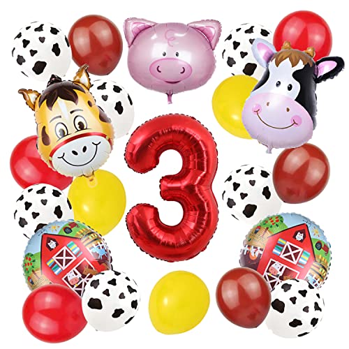 Bauernhof Tier Ballon für 3. Geburtstag Party Dekorationen Kuh Luftballons Kuh Druck Barnyard Ballon Supplies mit Großer Zahl 3 Folienballon (Rot 3. Geburtstag) von Finypa