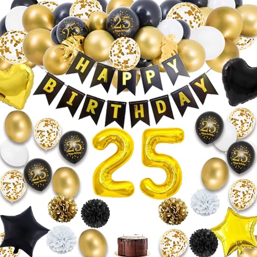 Dekoration zum 25. Geburtstag für Männer und Frauen, schwarz-goldenes Ballon-Girlanden-Set, Party-Dekorationen, Happy Birthday-Banner, Konfetti-Ballonbogen für 25. Geburtstag von Finypa