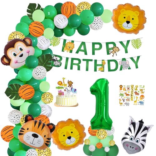Ballonbogen-Set mit Dschungel-Thema für 1 Jahre altes Baby Junge Mädchen, grüne Happy Birthday Banner Luftballons Girlande, Safari-Dekorationen, 105 Stück Wild Jungle Thema Party Supply Tier Ballon von Finypa