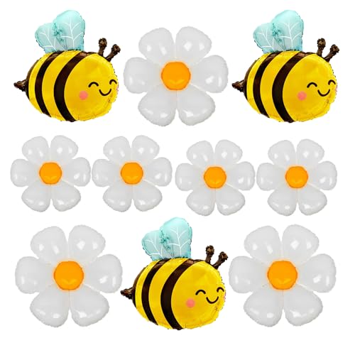 Finypa 3 x Bienenballon, 7 x Gänseblümchen-Luftballons, weiße Blumenballons für Gänseblümchen, Geburtstag, Babyparty, Hochzeit, Sommer, groovige Boho-Gänseblümchen-Party-Dekorationen von Finypa
