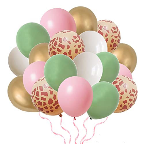 Finypa 80Pcs Dschungel Safari Ballons Party Ballons Set Tier Gedruckt Rosa Salbei Grüne Ballons Wilde Eine Giraffe Leopard Safari Baby Dusche Dekorationen für Mädchen Geburtstag Party Zubehör von Finypa