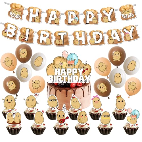 Finypa Cartoon-Kartoffel-Geburtstagsparty-Zubehör, einschließlich Kartoffel-Happy Birthday-Banner, Kuchendekoration, Cupcake-Topper, braune Luftballons für Babyparty, Kinderparty-Dekoration von Finypa