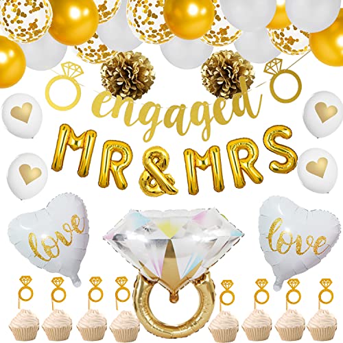 Gold Engagement Party Dekorationen, Gold Engaged Banner, Mr and MRS Ballons, Giant Ring, Heart Balloons, Gold Latex Confetti Balloons for Engagement Bachelorette and Bridal Shower Decorations… von Finypa