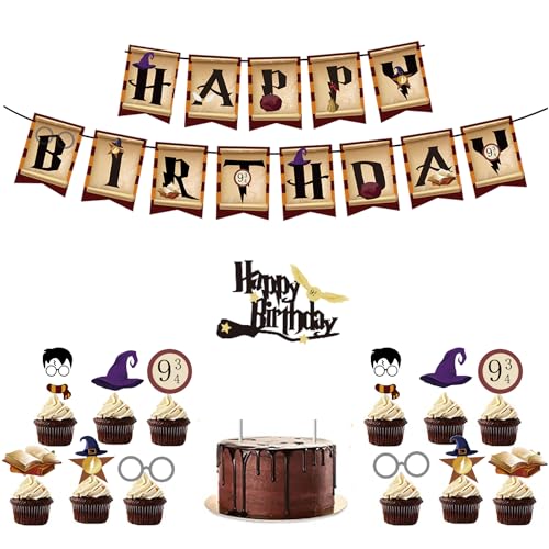 Magic Wizard Happy Birthday Banner Party Supplies - Party Supplies Set mit Cake Topper 30pcs Cupcake Topper für Zauberer Party Supplies Potter Motto Party von Finypa