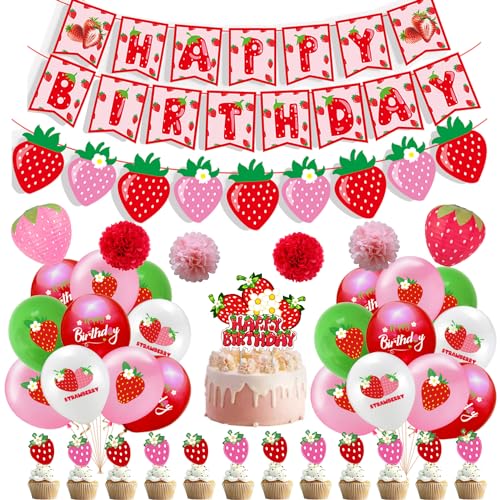 Party-Dekorationen für den 1. Geburtstag mit Erdbeer-Kurzkuchenbanner, Kuchendekoration, Luftballons für Mädchen, Beere, erste süße Person, Beere, süße Geburtstagsparty-Dekorationen von Finypa