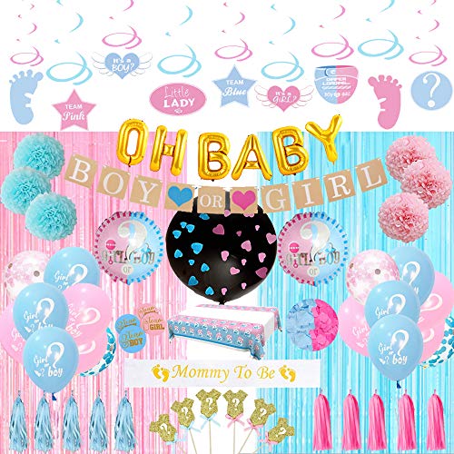 Party-Zubehör-Set zum Aufhängen von Geschlechtern, für Jungen oder Mädchen, 97-teilig, mit Konfetti-Ballon, verschiedene rosa und blaue Luftballons, rosa und blaue Lametta-Curtai,Tischdecke und Banner von Finypa
