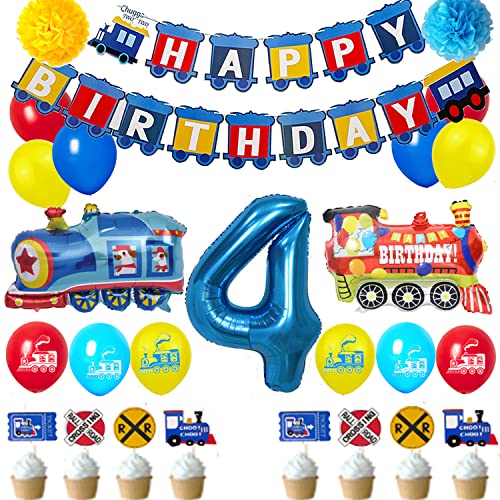 Train 4st Birthday Decorations Boys Train, 4 Years Old Birthday Party Supplies With Number 4 Foil Balloons Train Birthday Banner,Latex Balloons, Cake Topper, For Kids Train Birthday Party Decoration von Finypa