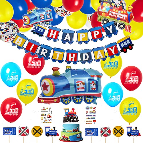 Zug Geburtstag Party Supplies Set-Zug Thema Blau Gelb Rot Dekorationen mit Eisenbahnballons Girlande, Zug Geburtstag Banner, Zug Ballons, Eisenbahn Cupcake Toppers für Dampfzug Geburtstagsparty von Finypa