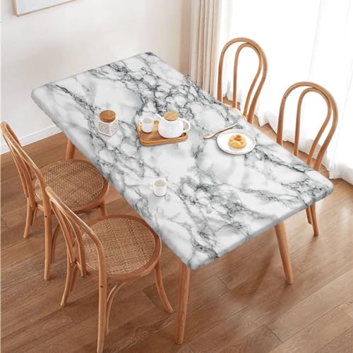 Fiokroo Schwarz-weiße Marmor-Tischdecke mit elastischem Rand für 1,2 m rechteckigen Tisch, Tischdecke, waschbare Tischdecke für Küche, Esszimmer, Party, Outdoor, Picknick, Dekoration, 122 cm L x 76 cm von Fiokroo