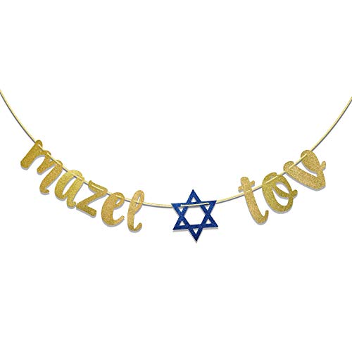 Mazel Tov Glitzer-Banner für Bar Mitzvah, jüdische Dekoration, Brautparty, Verlobungsfeier, Glückwunsch, Hochzeits-Party, Banner (Gold & Blau) von Firefairy