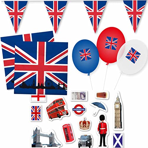 Dekoset England // Girlande, Servietten, Konfetti, Ballons für die England Dekoration // Länderdeko England DH-Konzept von Firlefantastisch Der Partyshop